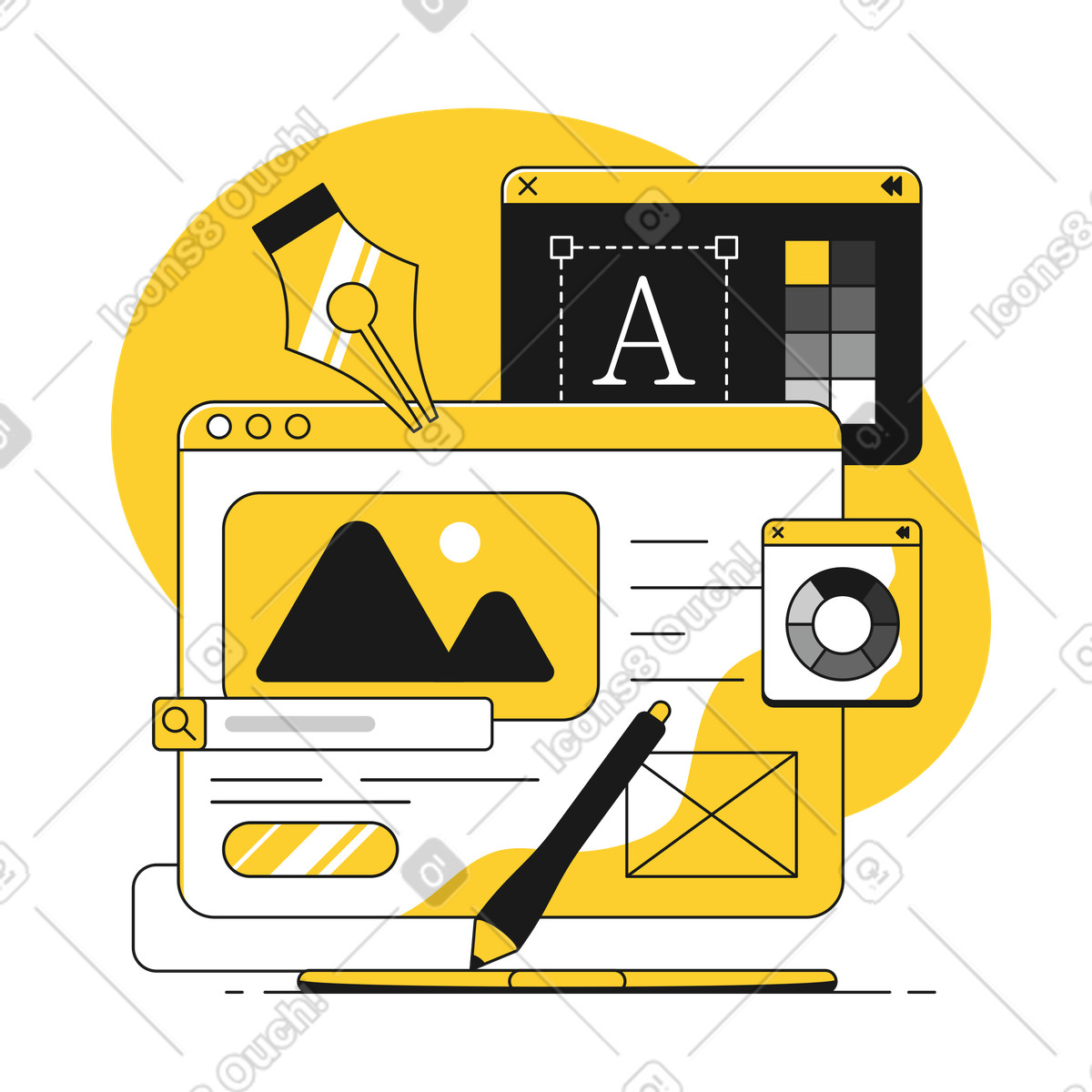Website-seiten und design-tools-Illustration im Taxi-Stil als Download in PNG, SVG