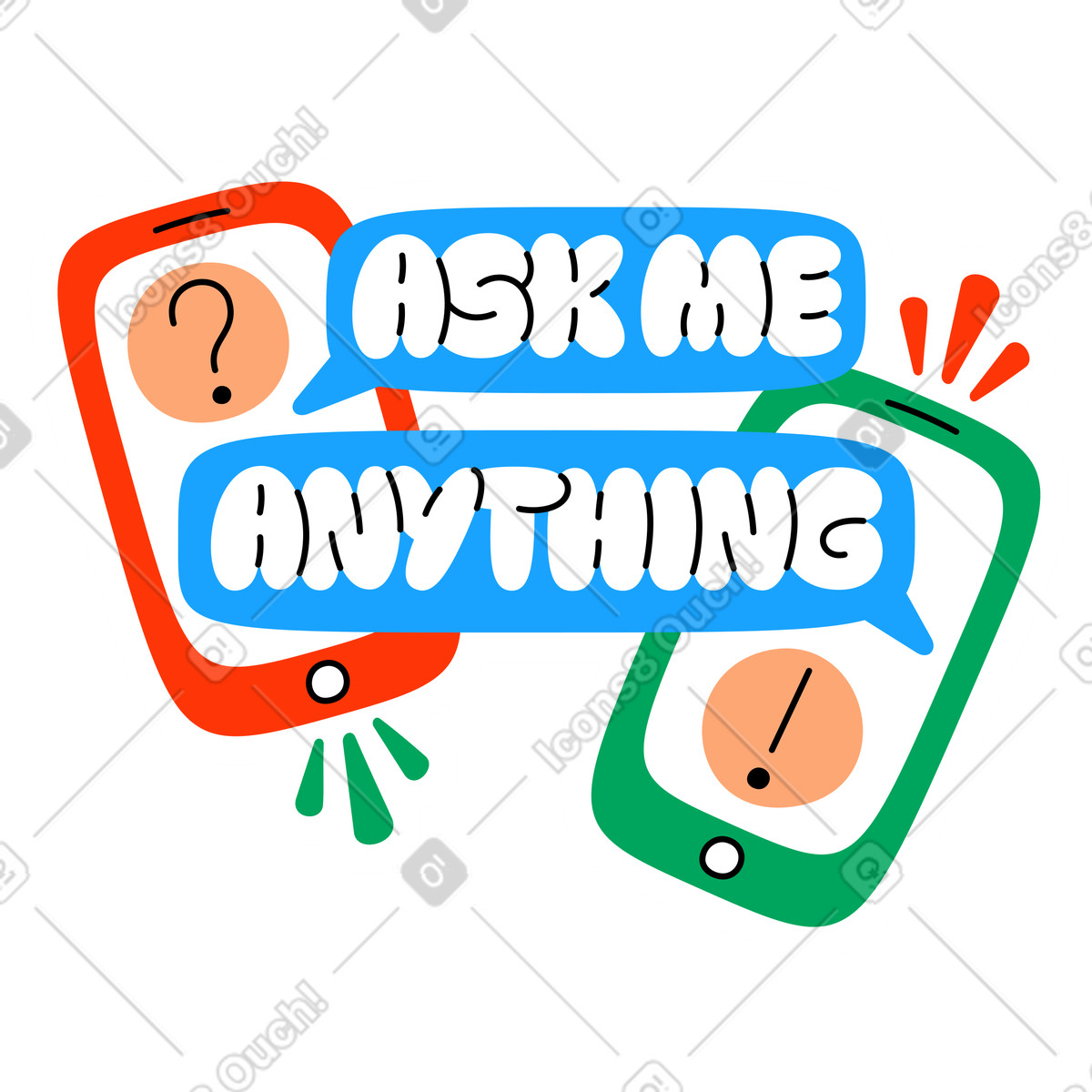 Ilustración Pegatina de letras pregúntame cualquier cosa teléfono texto en estilo Lettering a descargar en PNG y SVG