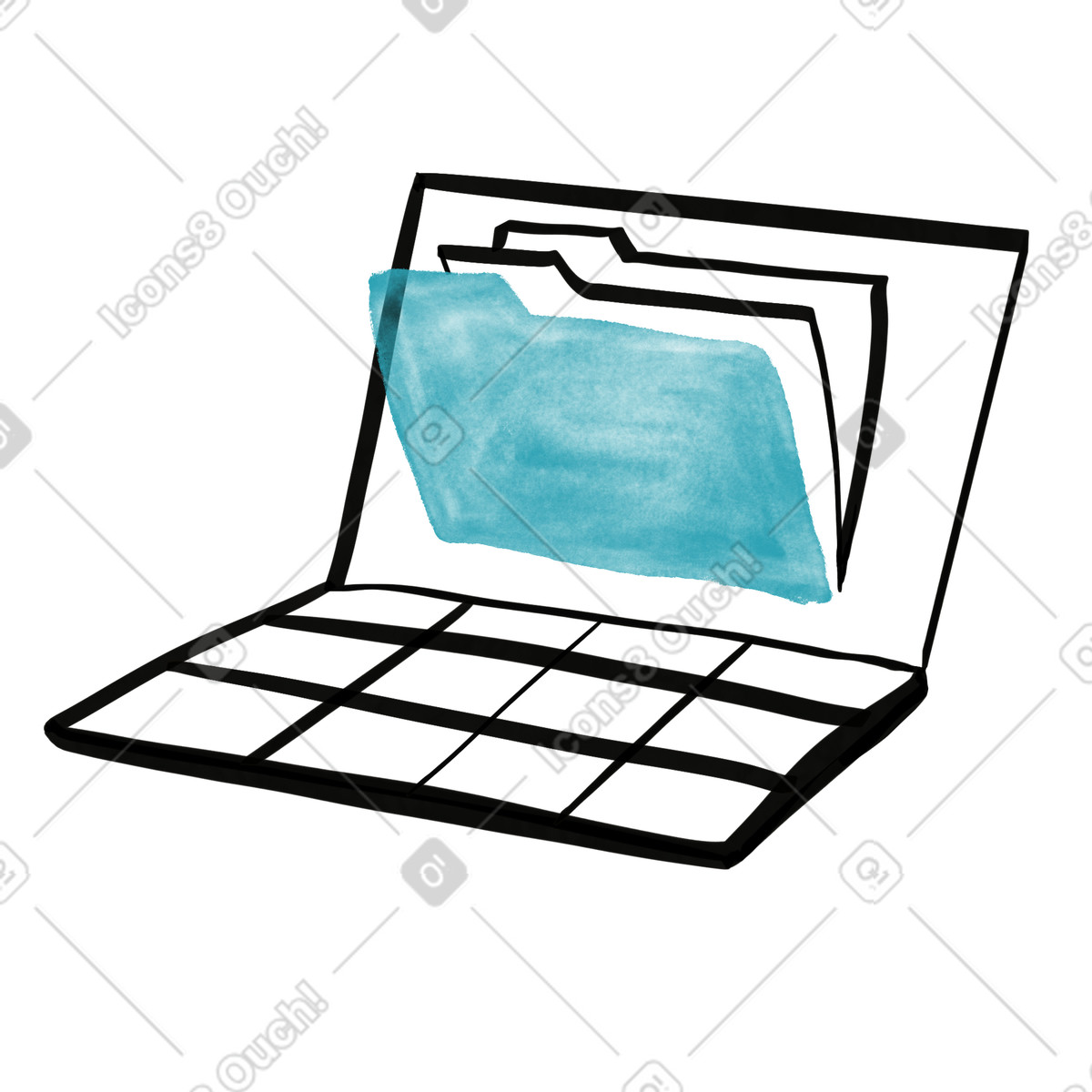 Laptop screen with blue data folder and open keyboard layout illustrazione in stile Watercolor sketch scarica in PNG, SVG