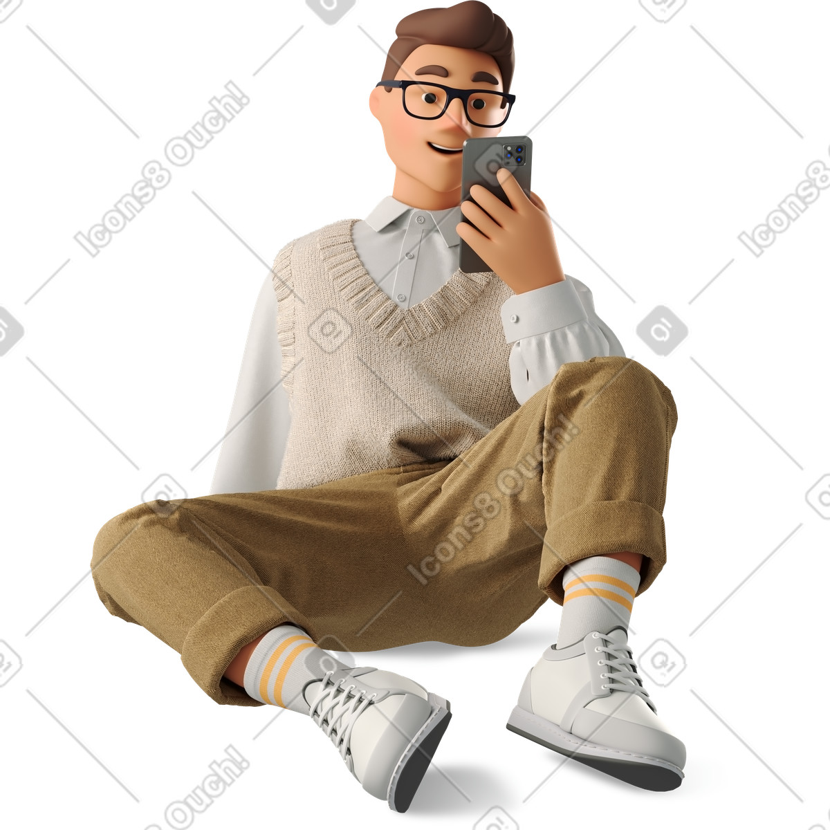 3D Business 스타일의 Young man in formalwear sitting on the floor and taking photo 일러스트레이션 PNG, SVG 다운로드