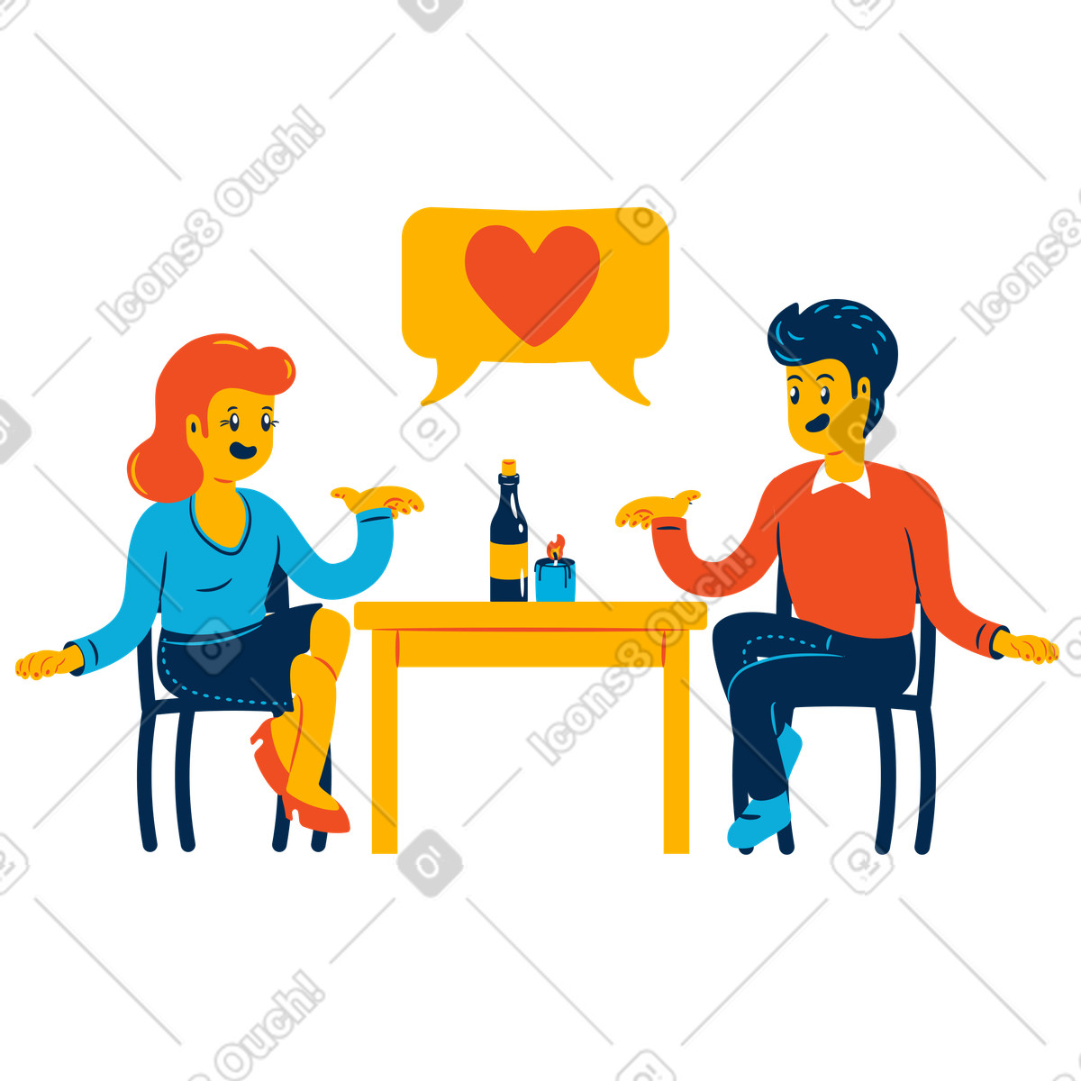 Happy couple seated at dinner table illustration romantic evening clipart for culinary projects