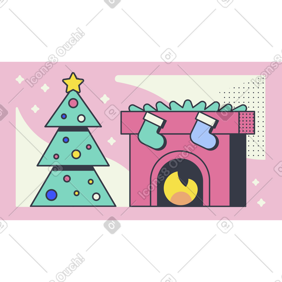 Abstract スタイルの 暖炉とツリーのあるクリスマスの雰囲気 のイラストをPNG、SVG形式でダウンロード