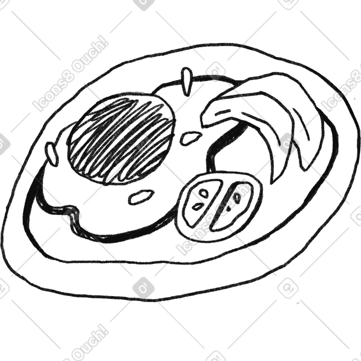 Minimal black line scrambled eggs, tomatoes and avocado illustration in Experimental style download in PNG, SVG