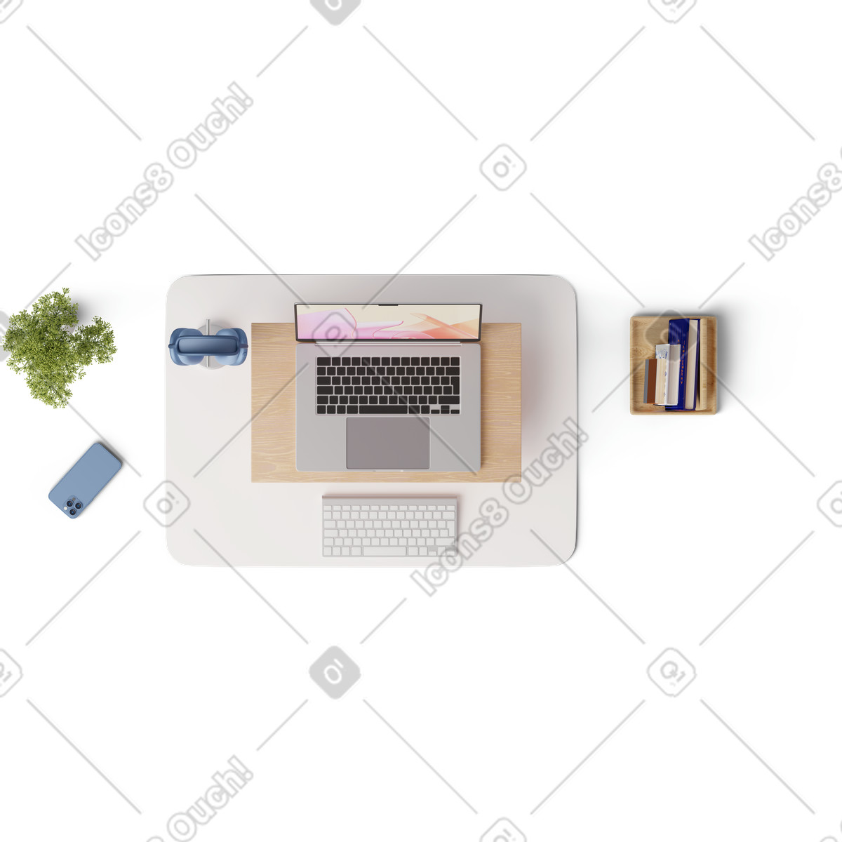 Laptop, cuffie, smartphone e un mucchio di libri illustrazione in stile 3D Hygge scarica in PNG, SVG