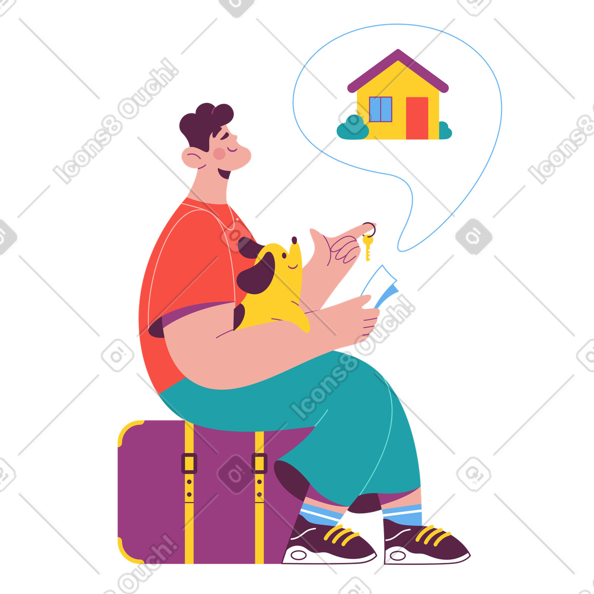 Man with dog keys illustration vector clipart dreaming of a house