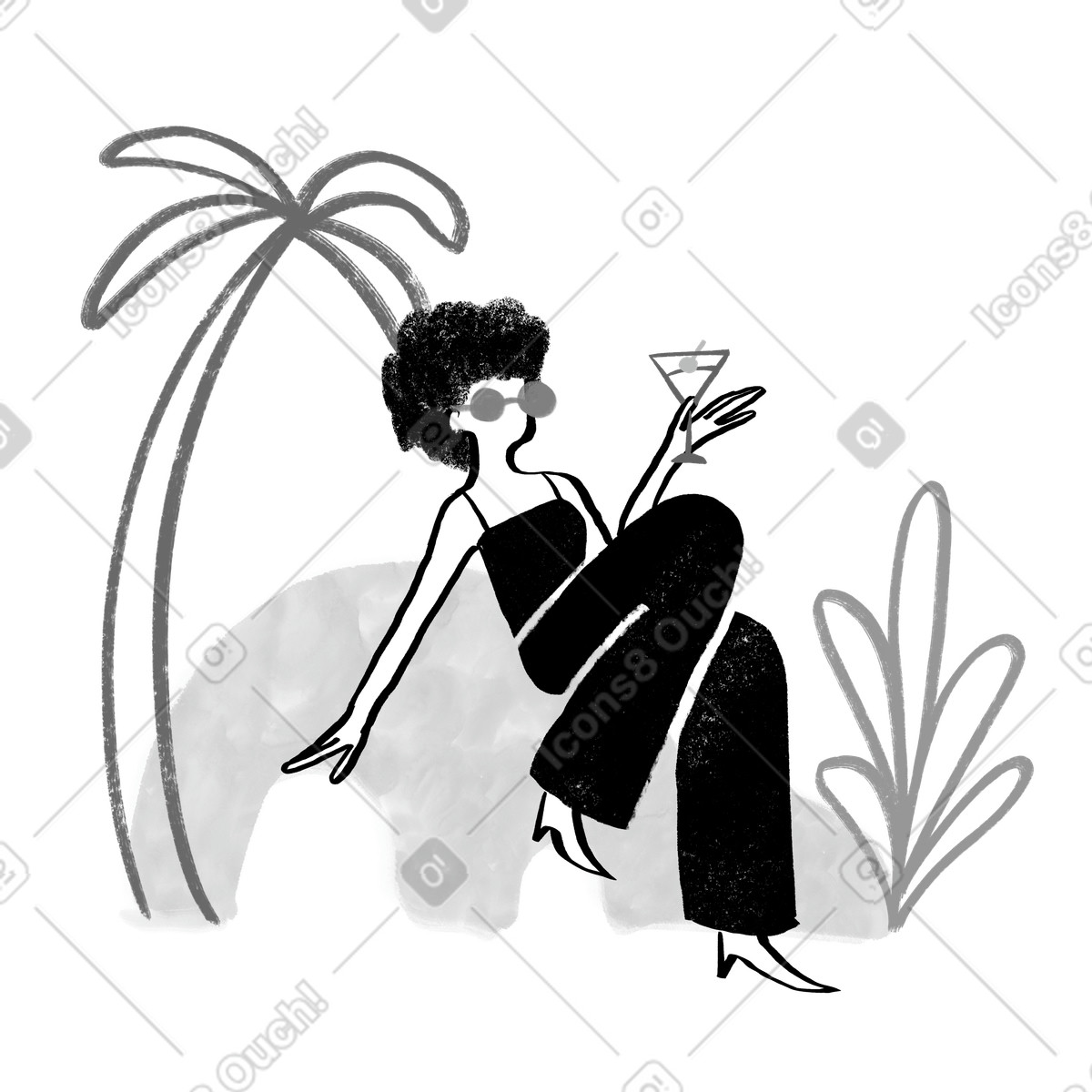 Black and white woman relaxing with cocktail near tropical trees illustration in Company style download in PNG, SVG
