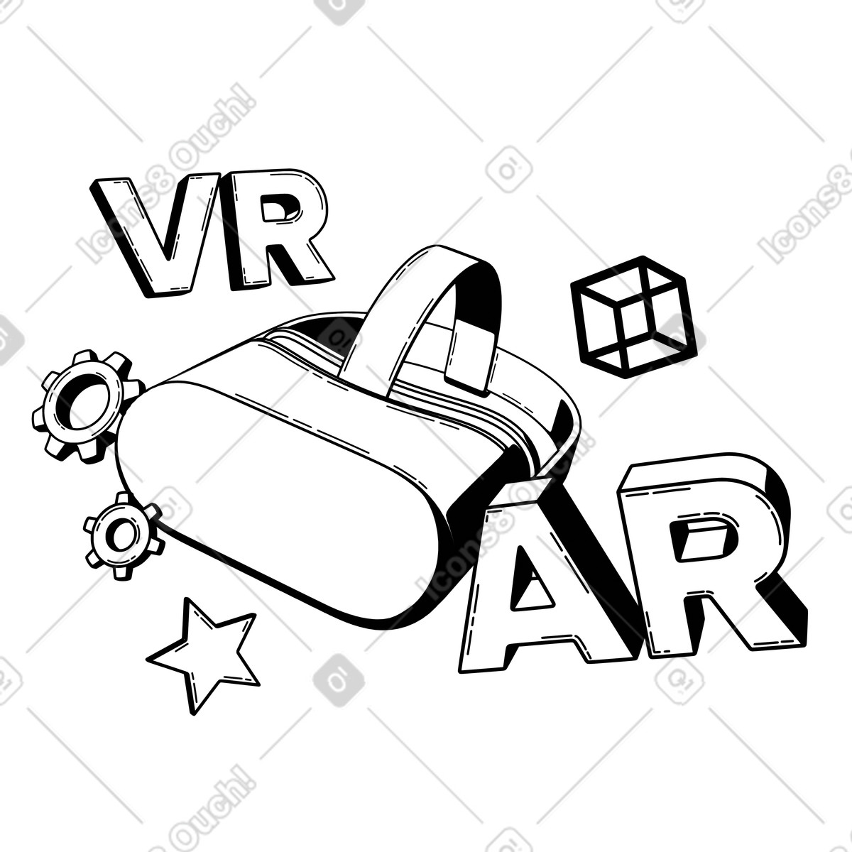 Lettere vr e ar galleggianti con visore, gadget tecnologico per l'intrattenimento la simulazione illustrazione animata in stile 3D Techny Line scaricabile in GIF, Lottie (JSON), AE