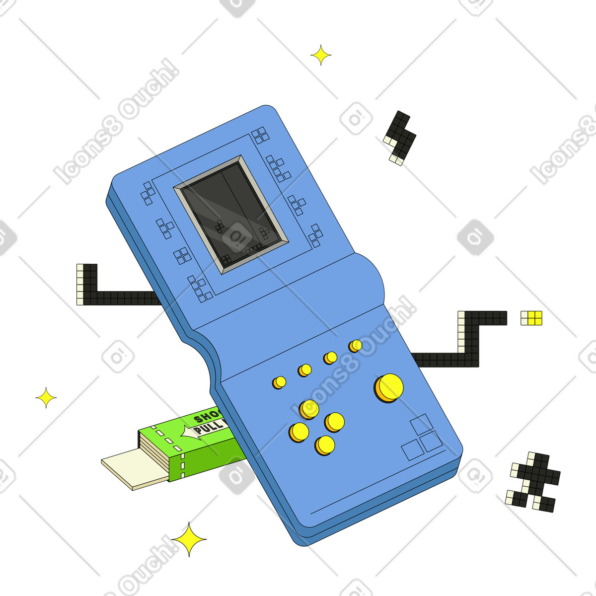 Illustration animée Console de poche rétro pour tetris des années 90 dans le style Retro à télécharger aux formats GIF, Lottie (JSON), AE