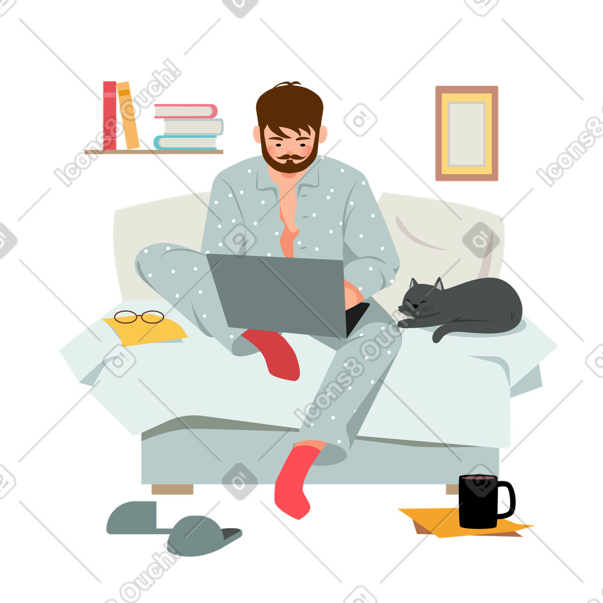 Uomo in pigiama che lavora da remoto illustrazione stile Lagom scarica PNG, SVG
