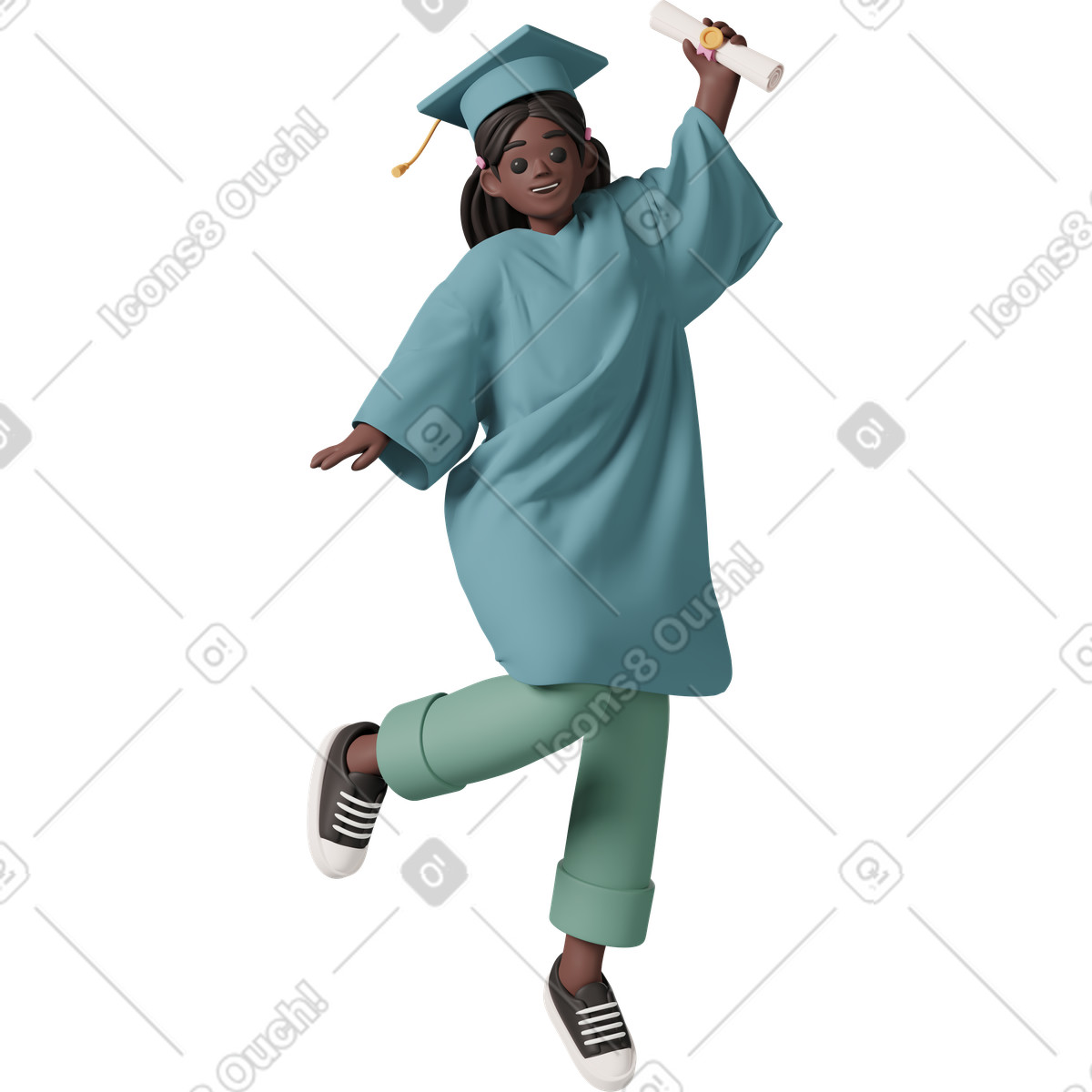 Illustration Graduate girl jumping and holding diploma dans le style 3D Casual life à télécharger aux formats PNG, SVG