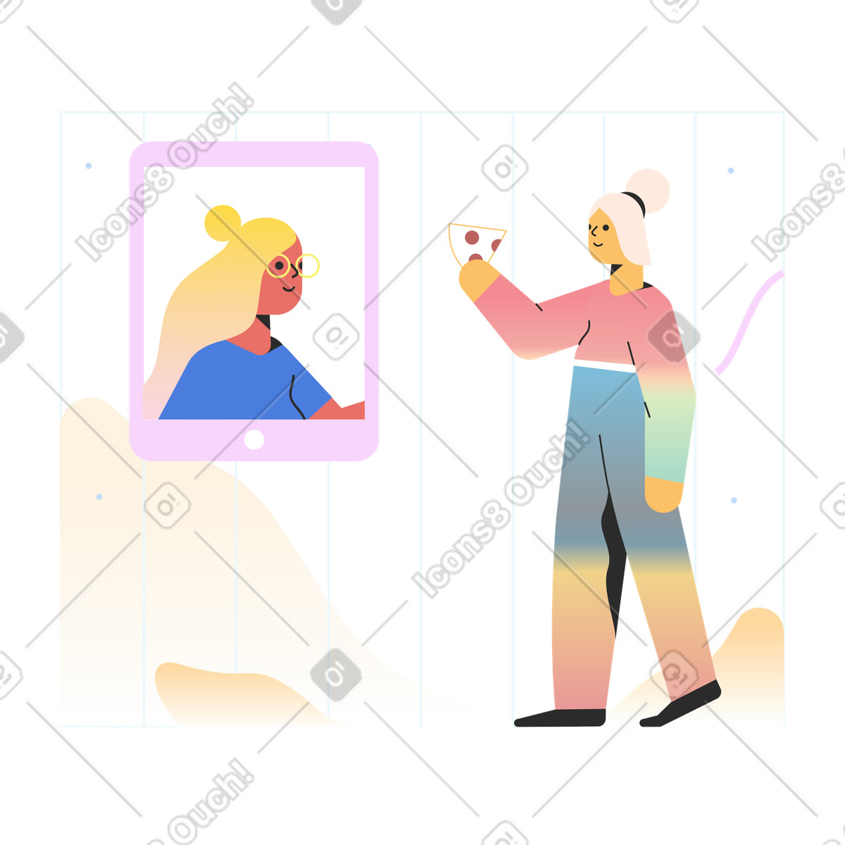 Donna in videochiamata con la nonna illustrazione stile Marginalia scarica PNG, SVG