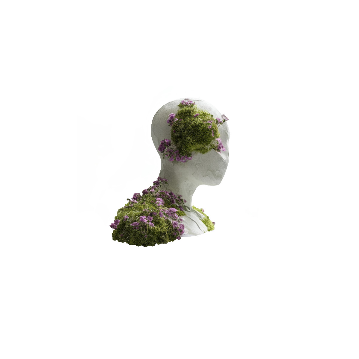 Biomorphic 스타일의 Moss growing on sculpted head, nature inspired art installation 일러스트레이션 PNG, SVG 다운로드