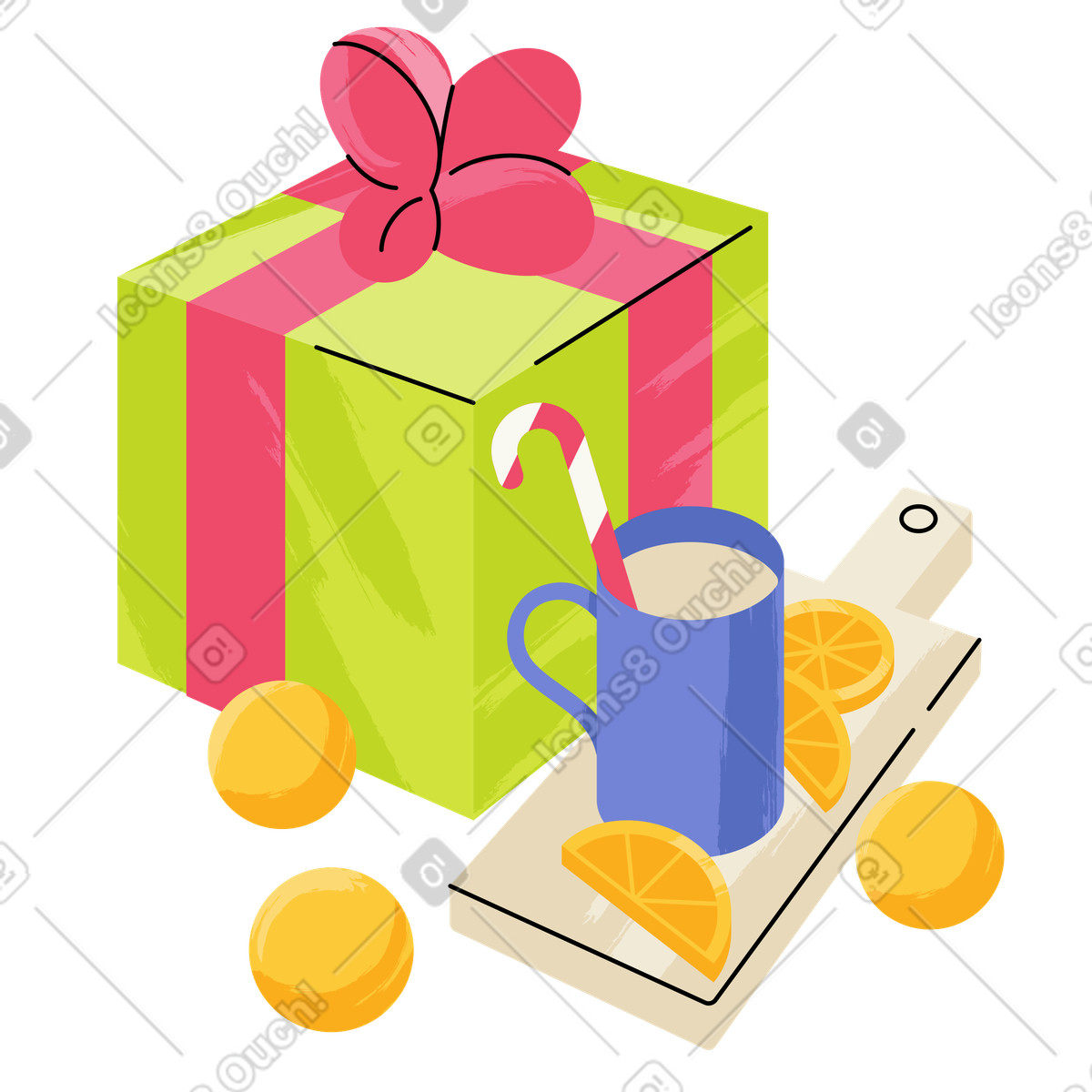 Wrapped Christmas gift with festive treats and hot drink, Winter holiday party-Illustration im Juicy-Stil als Download in PNG, SVG