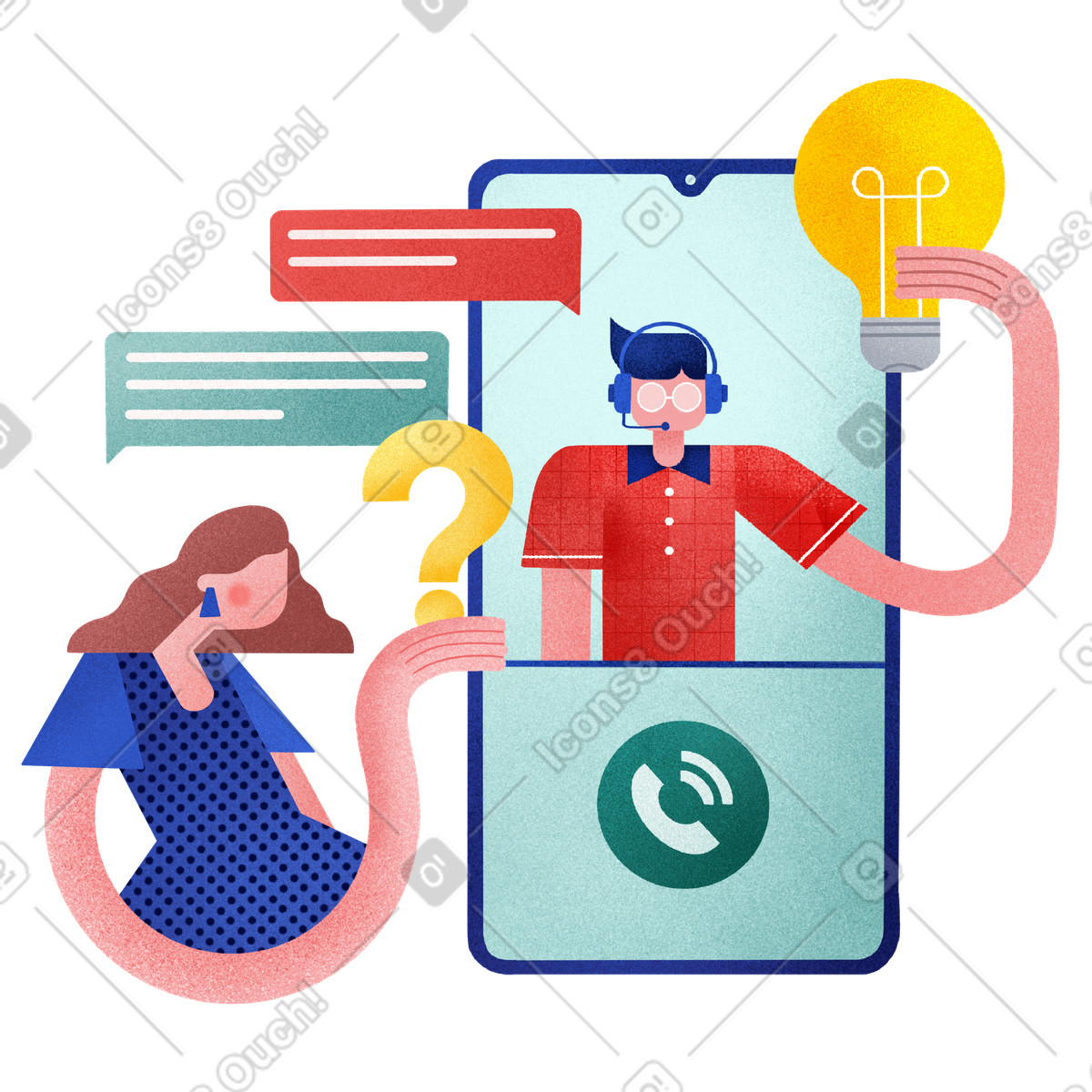 Willowy 스타일의 User receiving solution from support operator, Customer and virtual assistance 일러스트레이션 PNG, SVG 다운로드