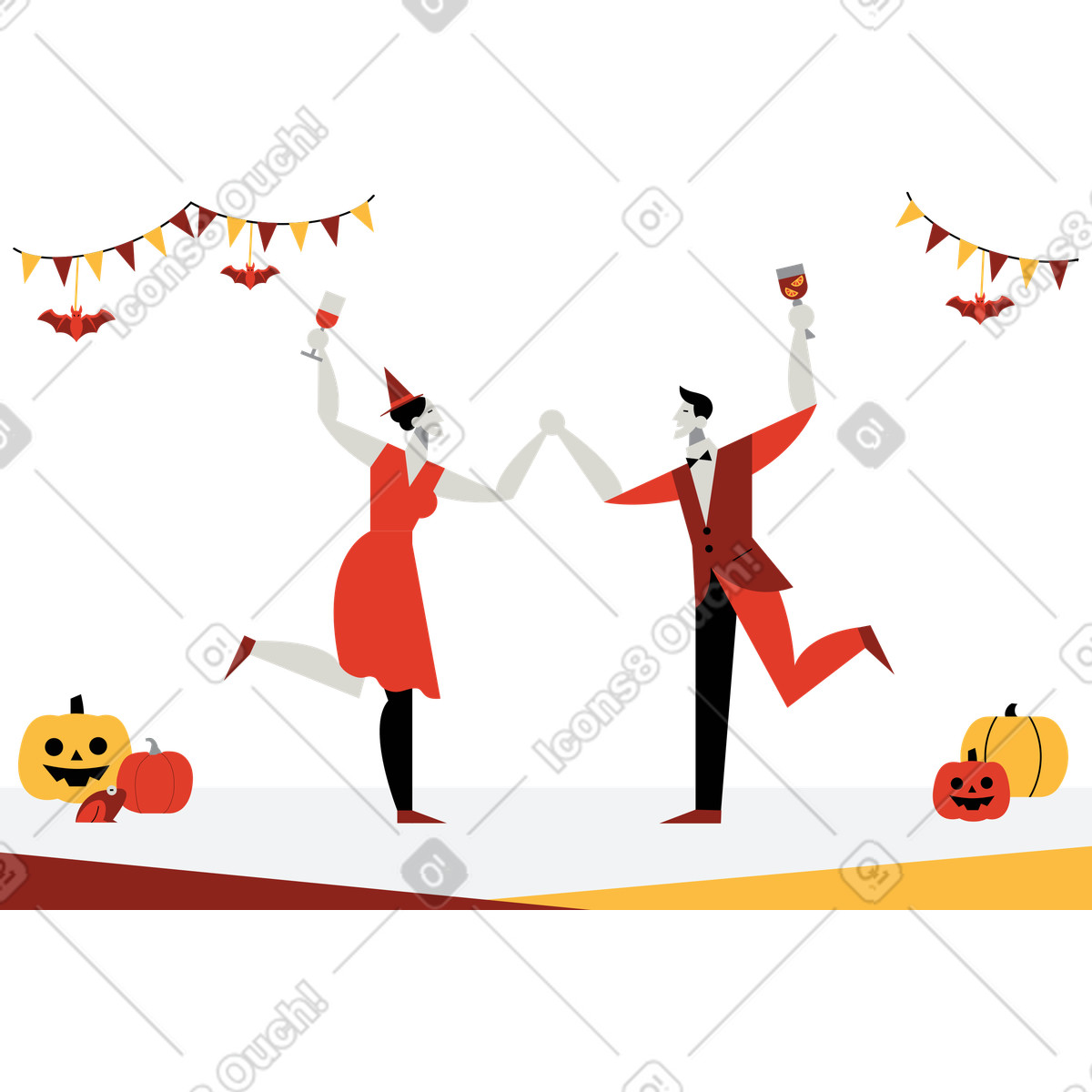Leute tanzen auf einer halloweenparty-Illustration im Burgundy-Stil als Download in PNG, SVG
