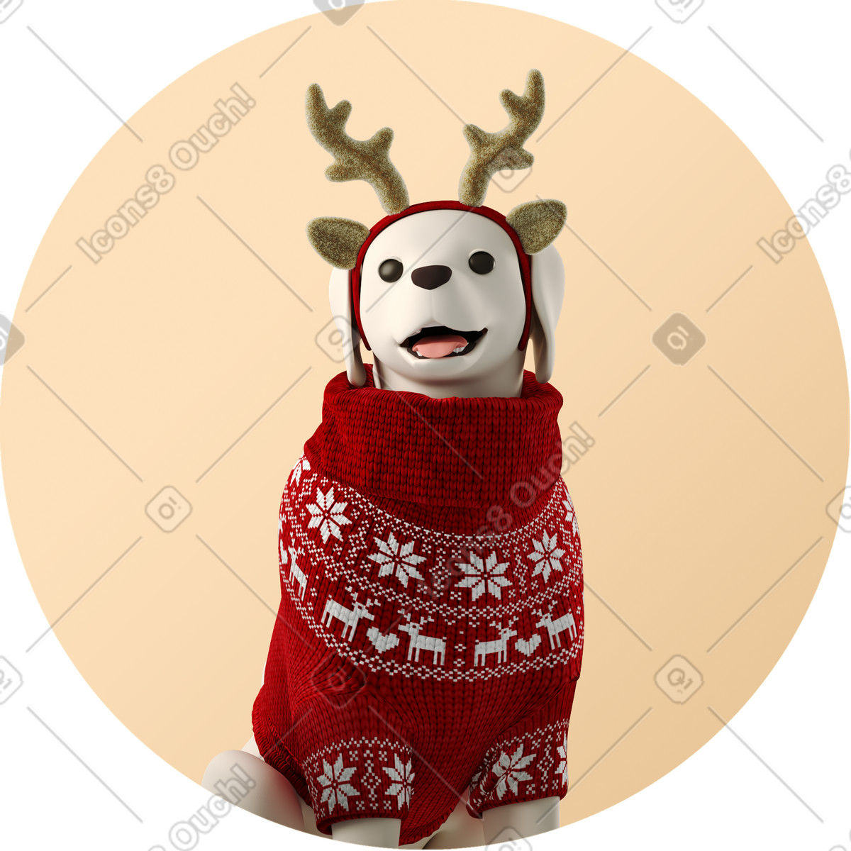 Illustration Chien heureux en pull de noël avec bandeau bois cerf dans le style 3D Business à télécharger aux formats PNG, SVG