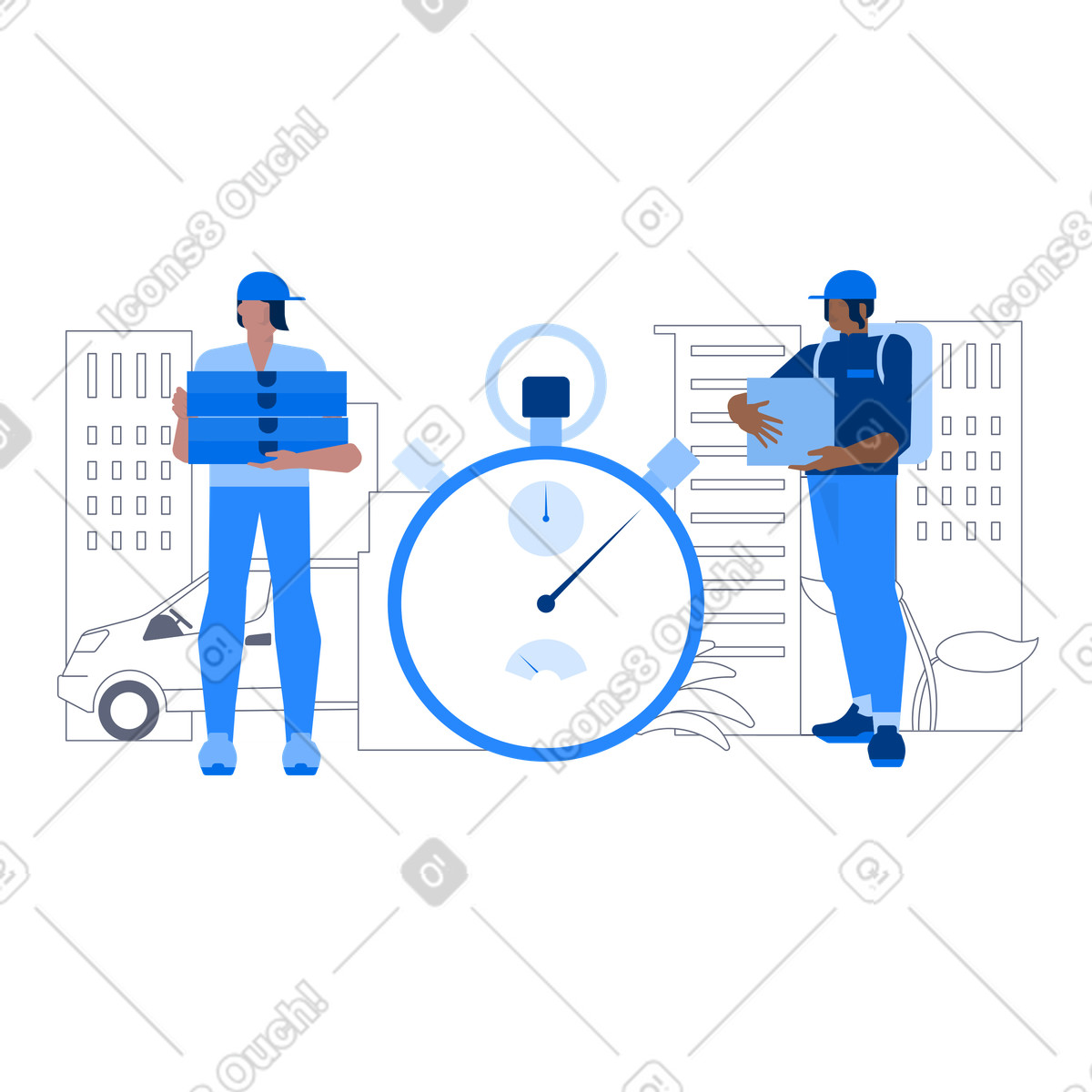 Ilustración Delivery workers with packages and stopwatch, On-time order fulfillment express logistics en estilo Urban a descargar en PNG y SVG