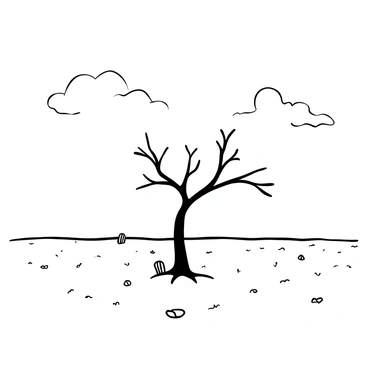 A vast barren landscape with dry soil stretching endlessly. In the center stands a lone tree with twisted branches and sparse leaves. The sky above is filled with gray clouds, creating a stark contrast against the tree. There are scattered rocks on the ground, adding to the desolate feel of the scene. The overall composition emphasizes the solitude of the tree amidst the emptiness of the landscape.