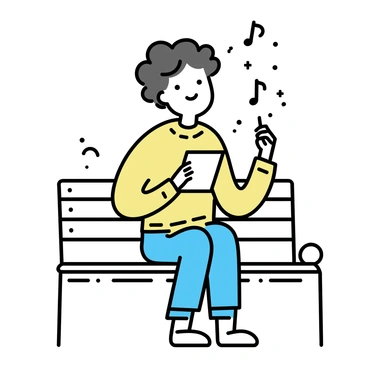 A young musician, with curly hair and wearing a cozy sweater, is sitting on a wooden park bench. The musician is holding a small notebook and a pen, focused on writing lyrics. Surrounding the musician are delicate, floating musical notes gently drifting in the air. The musician's feet are resting on the ground, and the park's greenery is visible in the background. The atmosphere suggests a moment of creativity and inspiration.