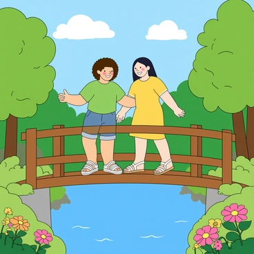 Two friends walking together on a wooden bridge. One friend has curly brown hair and is wearing a green t-shirt and denim shorts, while the other has straight black hair and is dressed in a yellow dress with white sandals. They are both smiling widely, clearly enjoying each other’s company. Below the bridge, a clear blue river flows gently. Lush green trees and colorful flowers frame the scene, enhancing the feeling of a vibrant landscape. The sky above is a bright blue with a few fluffy white clouds scattered around.