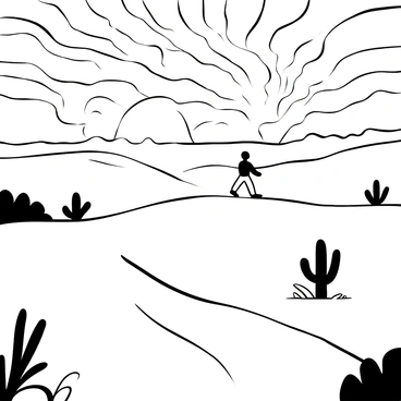A vast expanse of sand dunes stretching into the distance, with a single figure walking across the surface. The figure is outlined against the backdrop of a large, fiery sun setting on the horizon. The sun's rays cast long shadows across the rippled sand, creating a stark contrast in the scene. Sparse vegetation, such as cacti and dry shrubs, punctuates the landscape, adding texture to the foreground. The sky is filled with swirling patterns that reflect the intensity of the setting sun.