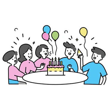 A group of friends is gathered around a large round table. There is a colorful birthday cake in the center, adorned with candles and vibrant frosting. Brightly colored balloons are floating above the table, some in shades of red, blue, yellow, and green. Each friend appears to be smiling and laughing, enjoying the moment. One friend, wearing a blue shirt, is holding a party hat; another friend, dressed in a pink dress, is reaching for a slice of cake. Party decorations in the background enhance the festive atmosphere.
