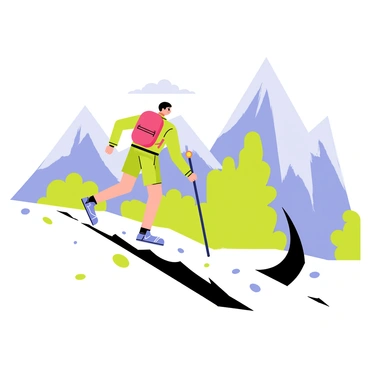 A hiker climbing a gnarly, steep, and rocky trail to reach the summit