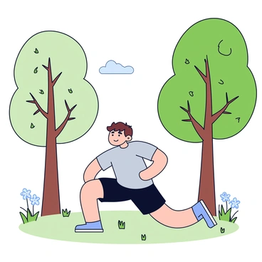 A solitary person wearing a grey t-shirt and black shorts is doing squats in a forest clearing. The individual has short brown hair and is focused on their workout. Surrounding them are tall green trees with leafy branches that provide dappled sunlight. The ground is covered with soft grass, and a few wildflowers peek through the foliage. In the background, a gentle breeze causes the leaves to rustle.