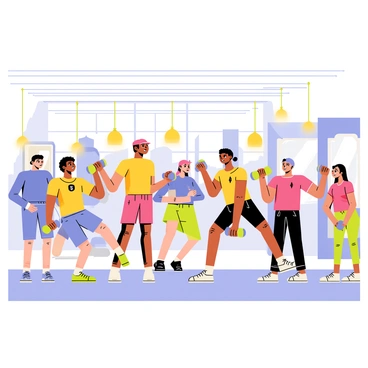A busy gym filled with various exercise equipment and bright overhead lights. In the foreground, multiple individuals are performing "concentration curls," each holding a dumbbell in one hand while resting their elbow on their inner thigh. The people exhibit different fitness levels and body types, showcasing a diverse scene. Some are focused on their technique, while others glance around the gym. The background features additional gym-goers lifting weights and using machines, creating a sense of activity and energy in the space.