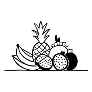 An array of exotic fruits arranged on a table. The fruits include a tropical pineapple, a bunch of bananas, a ripe pomegranate, and a dragon fruit cut in half to reveal its textured interior. The pineapple has a spiky crown and textured skin, while the bananas are curved and clustered together. The pomegranate is split open with seeds visible, and the dragon fruit has its bright interior exposed. The scene is set against a simple tablecloth, providing a clean backdrop for the fruits.