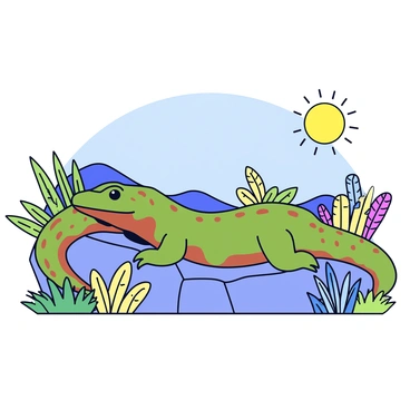 A Komodo dragon resting on a rocky outcrop under the sun. The dragon has a textured, scaly skin in shades of green and brown. Surrounding the dragon are patches of lush, tropical vegetation, including tall grasses and colorful flowering plants. The scene captures the warm sunlight illuminating the dragon's body and the landscape around it. In the background, there are low hills and a clear blue sky.