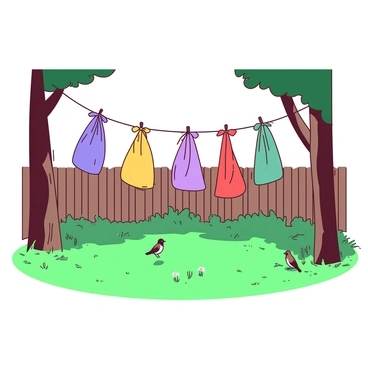 A backyard scene features a clothesline strung between two trees, with several vibrant plastic bags hanging from it, flapping gently in the breeze. The bags come in various colors, each catching the sunlight in a different way. Below the clothesline, the grass is lush and green, dotted with small wildflowers. In the background, a wooden fence encloses the yard, and a few birds can be seen perched nearby, observing the scene. The overall atmosphere captures a sense of everyday life in a simple, yet colorful environment.