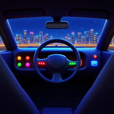 A car interior during the night with the dashboard lights glowing in various colors. The driver's seat is visible, showcasing a leather upholstery. Outside the window, a vibrant city skyline is illuminated with numerous buildings and street lights. The sky is dark, filled with stars, providing a contrasting backdrop to the bright cityscape. The steering wheel is centrally positioned, reflecting the dashboard lights.