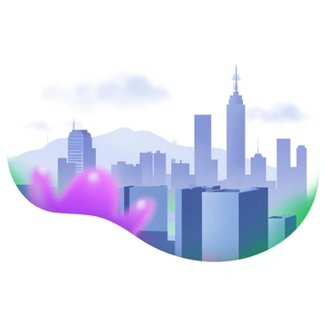 A modern pastel illustration depicting a cityscape with tall buildings in the foreground. In the background, there are silhouettes of mountains that are barely visible through layers of smog, creating a hazy atmosphere. The skyline is dotted with antennas and led lights, while clouds of smog gently roll over the city. The colors are soft and muted, blending shades of blue, gray, and soft pink to enhance the sense of depth and distance.