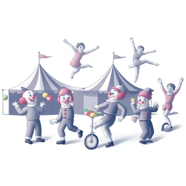 A vintage circus poster featuring an array of colorful elements. In the foreground, there are clowns with exaggerated facial expressions, one juggling colorful balls while another is balancing on a unicycle. Silhouettes of acrobats are captured mid-air, performing flips and poses, showcasing their athleticism. In the background, there are large big top tents with distinct, pointed tops, and flags waving in the breeze. The overall composition is lively and captures the essence of a bustling circus atmosphere.