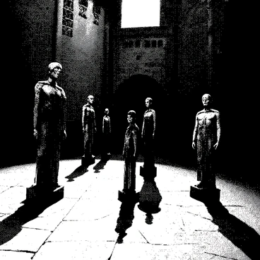 A desolate courtyard is illuminated by moonlight, creating stark contrasts between light and shadow. The ground is uneven, with cracked stones scattered throughout. Several weathered statues stand in various poses, their surfaces worn and rough. Each statue is casting long, dark shadows that stretch out across the courtyard, creating an eerie atmosphere. The surrounding walls are tall and feature intricate carvings that are partially obscured by the darkness, adding to the sense of abandonment and solitude.