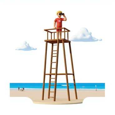 A lifeguard with a light tan complexion and short, blonde hair stands in a tall wooden watchtower overlooking a beach. He is wearing a red swimsuit with a white logo on the chest and a whistle around his neck. The lifeguard is holding a pair of black binoculars up to his eyes, scanning the beach for swimmers. The watchtower is elevated, made of wood with a sturdy ladder leading up to it. The bright blue ocean waves gently lap at the sandy shore, where a few beachgoers are visible, enjoying the sun. A clear sky stretches above, with a few fluffy white clouds scattered.