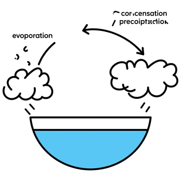A minimalistic drawing of the water cycle. The diagram includes labeled elements such as "evaporation" from a blue body of water, "condensation" represented by fluffy white clouds, and "precipitation" illustrated with droplets falling from the clouds. The clouds appear to be animated with subtle lines indicating movement. Arrows connect each stage to show the flow of the cycle, with an emphasis on clarity and simplicity in the design.