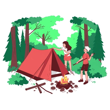 A red and white tent is being set up by two friends in a lush green forest campsite. One friend is holding a tent pole while the other is fastening the tent fabric to the ground with a stake. Surrounding them are tall trees with vibrant green leaves, and a few fallen branches scattered on the forest floor. Sunlight filters through the tree canopy, creating dappled light patterns on the ground. Nearby, there is a small campfire pit with a few large stones arranged around it.