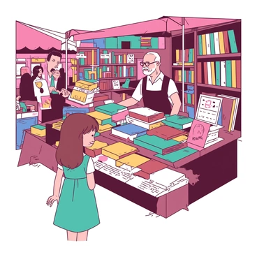 A vibrant scene of a book market filled with various stalls. A girl with long brown hair wearing a teal dress is standing in front of a vendor's stall, her eyes focused on a rare book displayed prominently. The stall is adorned with stacks of colorful books in different sizes, and a few people are browsing nearby. The vendor, an older man with glasses, stands behind the stall, engaging with customers. The atmosphere is lively, with the sound of chatter and the scent of old paper filling the air.