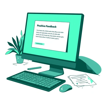 A teal computer screen displaying an email with "Positive Feedback" in bold at the top. The email content includes a heartfelt message from a client praising the service, mentioning specific details like excellent communication and timely delivery. The background of the computer is white, and the desk has a few scattered documents and a green plant peeking from one corner. The keyboard is black, contrasting with the lighter elements of the scene.