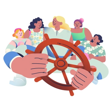 A large, ornate steering wheel is prominently held by male hands, showcasing intricate carvings and a rich wood finish. The hands gripping the wheel are strong and defined, conveying a sense of authority. In the background, a group of women is observing intently, their expressions a mixture of curiosity and admiration. Each woman has distinct features and styles; one has curly black hair wearing a light blue dress, another has straight brown hair with a floral top, and a third has wavy blonde hair in a green blouse. The setting is bright and engaging, emphasizing the dynamic between the steering wheel and the women looking on.
