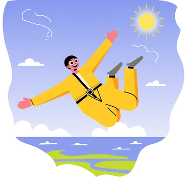 A person in a bright yellow jumpsuit is skydiving, arms extended wide while wearing a black helmet and goggles. Below them, a wide expanse of blue sky stretches out, with fluffy white clouds scattered throughout. The sun shines brightly, illuminating the scene and creating a vivid contrast between the deep blue of the sky and the vibrant yellow of the jumpsuit. In the distance, a patchwork of green fields and winding rivers can be seen below.