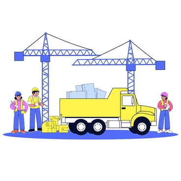 A bright yellow construction truck parked at a building site. The truck has large wheels and a flatbed that is empty. Surrounding the truck are several tall cranes, with their arms extended upwards, ready for lifting materials. In the background, there are construction workers wearing hard hats and safety vests, some holding tools and others discussing plans. The ground is covered with gravel and construction materials scattered around.