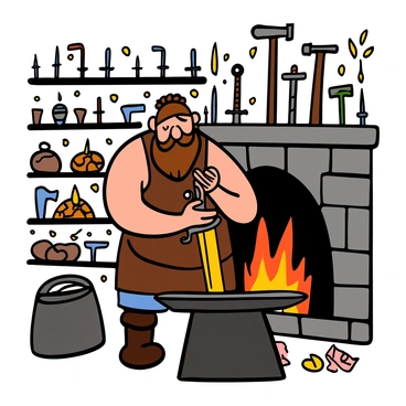 A dwarven blacksmith with a thick beard and muscular build is at work in a forge, surrounded by various tools and glowing embers. He is hammering a glowing sword on an anvil, with sparks flying around him. The background includes shelves filled with different magical weapons, such as swords and axes. The forge is lit with warm light, creating a cozy atmosphere, with flames flickering in the fireplace. The blacksmith is wearing a leather apron and sturdy boots, focused on his task, showcasing his craftsmanship.