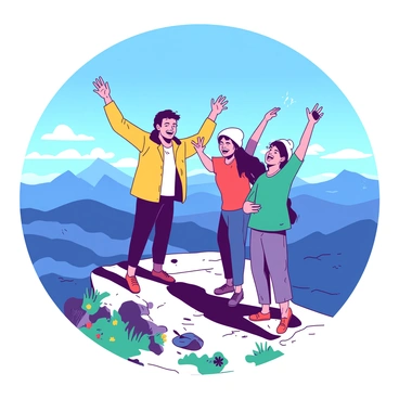 A group of four friends stands triumphantly at the peak of a mountain, with their arms raised in celebration. They are surrounded by a breathtaking panoramic view of distant mountains and valleys below. The sky is a bright blue, dotted with a few white clouds. One friend, wearing a yellow jacket, is smiling widely while another friend in a red shirt is taking a selfie. The third friend, dressed in teal, is pointing towards the vast landscape, and the fourth friend, in a white beanie, is laughing. The rocky ground is scattered with patches of green grass and small wildflowers, adding to the lively atmosphere of their achievement.