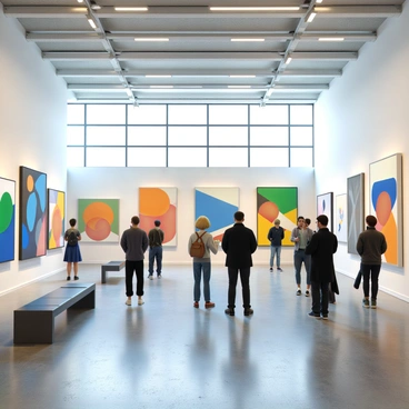 A spacious modern art gallery with high ceilings and bright overhead lights. The walls are adorned with large, colorful abstract paintings in various shapes and sizes. Several visitors, including a woman with short blonde hair wearing a blue dress, a man in a black jacket, and a couple discussing a painting, are seen admiring the artworks. The floor is polished concrete, reflecting the light from above, and there are sleek benches placed throughout the space for resting. In the background, large windows allow natural light to stream in, enhancing the vibrant colors of the paintings.