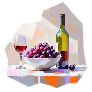 A still life composition featuring a ceramic bowl filled with plump, dark purple grapes. The bowl is placed on a textured wooden table, and a green wine bottle stands elegantly beside it. The bottle is partially filled with deep red wine, casting a subtle reflection on the table surface. Soft natural light illuminates the scene, highlighting the glossy skin of the grapes and the smooth surface of the wine bottle.