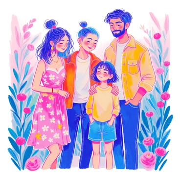 A family portrait captures a diverse group of family members standing together in a natural setting. There are four individuals: one person with short hair and wearing a floral dress, another with long hair styled in a ponytail and a button-up shirt, a third person with a buzz cut wearing a tank top and denim shorts, and the last with shoulder-length hair, wearing a long-sleeve sweater and jeans. Each family member displays unique accessories such as earrings and bracelets. They are smiling softly, embodying warmth and connection, with soft greenery and blooming flowers in the background.