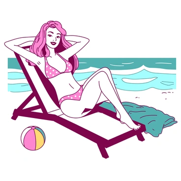 A pink pin-up girl with a bright smile is lounging on a white beach chair. She is wearing a polka dot bikini, which has white dots on a pink background. The girl has long, wavy hair that cascades over her shoulders, and she is resting her arms behind her head. Surrounding her are colorful beach accessories, including a yellow beach ball and a teal towel spread out beside her. In the background, the ocean is gently lapping at the shore, creating a sense of a sunny beach day.